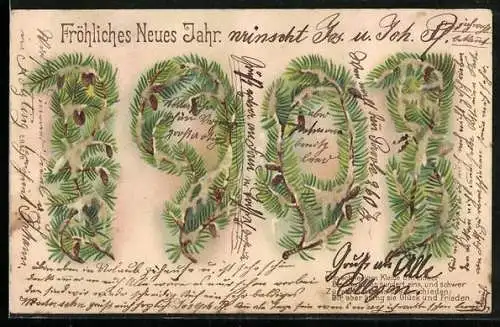 Glitzer-Perl-AK Jahreszahl aus Tannenzweigen, Neujahrsgruss 1901