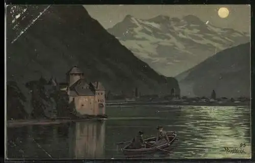 Mondschein-Lithographie Paar im Vollmondlicht auf einem See