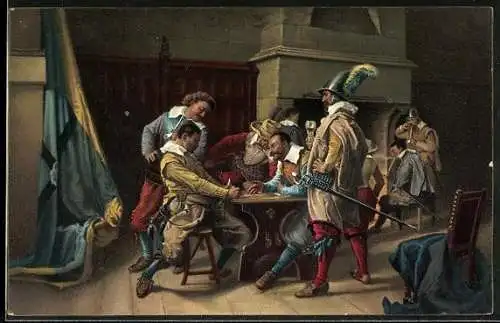 Künstler-AK Soldaten beim Kartenspiel, Soldiers gambling