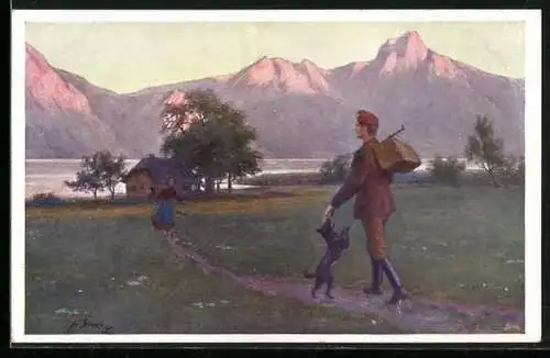 Künstler-AK Josef Straka: Soldat kehrt nach Hause zurück