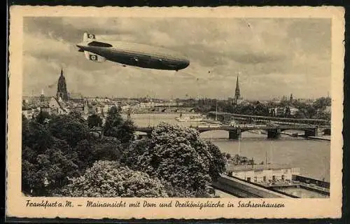 AK Frankfurt, Mainansicht mit Dom & Dreikönigskirche, D-LZ 129 Zeppelin-Luftschiff, 