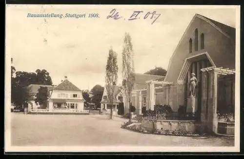 AK Stuttgart, Bauaustellung 1908, verschieden Gebäude: Kirche und Wohnhaus