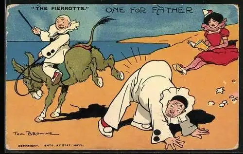 Künstler-AK Tom Browne: The Pierrotts, One For Father, Drei Clowns, einer auf einem Esel