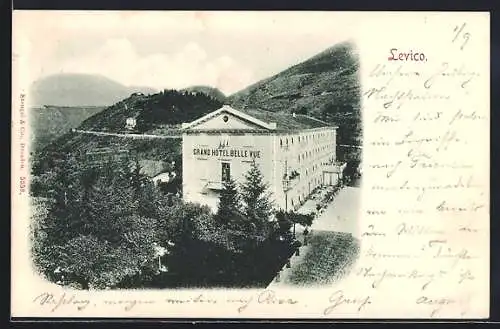 AK Levico, Grand Hotel Belle Vue mit Strasse aus der Vogelschau