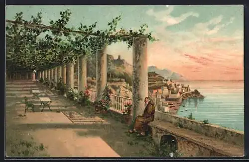 AK Amalfi, Blick von der Promenade auf Ufer und Ortschaft