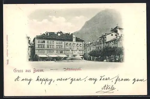 AK Bozen, Johannesplatz mit Denkmal und Hotel