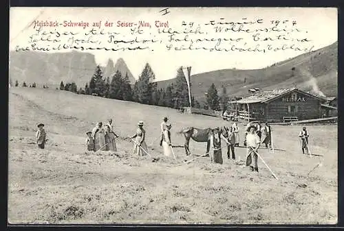 AK Seis am Schlern, Heisbeck-Schwaige auf der Seiser-Alm, Heuernte