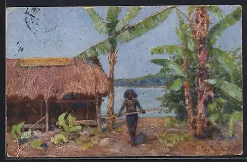 Künstler-AK Papua, Ortsansicht
