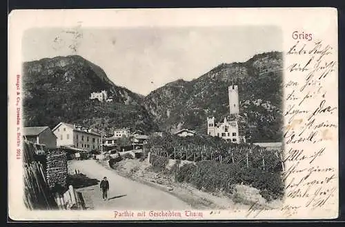 AK Gries, Ortspartie mit Gescheibtem Turm