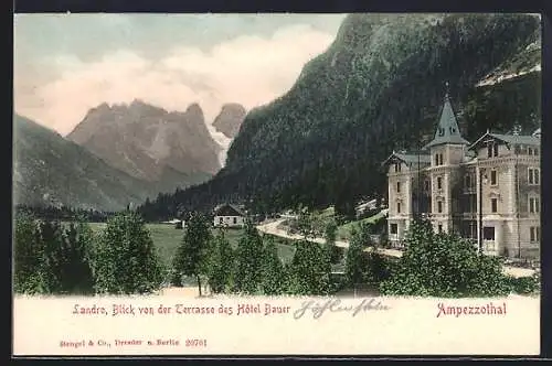 AK Landro /Ampezzothal, Strasse und Turmgebäude, Blick von der Terrasse des Hotel Bauer