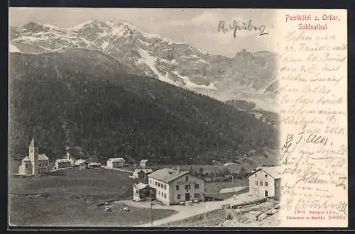 AK Sankt Gertraud, Posthotel z. Ortler, Ortsansicht mit Kirche