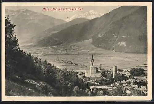 AK Mals, Teilansicht mit Kirche und dem Ortler