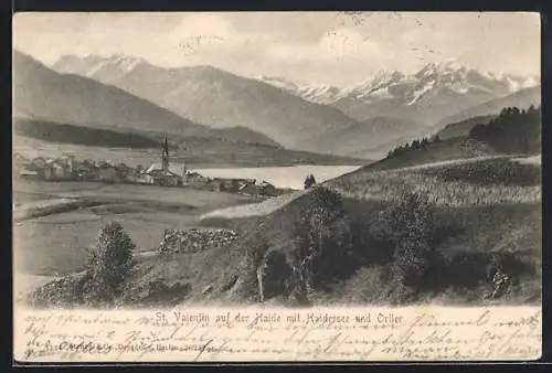 AK St. Valentin auf der Haide, Ortsansicht mit Haidersee und Ortler