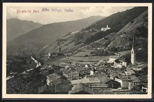 AK Burgeis, Panoramablick mit Burg und Kirche