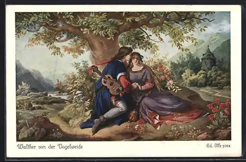 Künstler-AK sign. Ed. Ille: Walther von der Vogelweide mit seiner Geliebten
