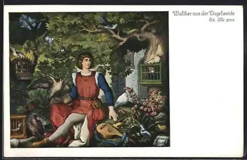 Künstler-AK sign. Ed. Ille: Walther von der Vogelweide mit einem Falken