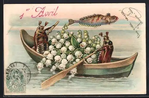 AK Maikäfer mit Maiglöckchen im Boot und fliegender Fisch, 1. April