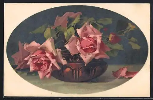 Künstler-AK Catharina Klein: Kupferschale mit rosa Rosen