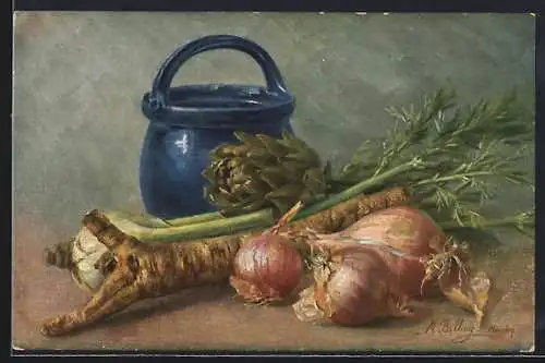 Künstler-AK M.Billing: Stillleben m. Artischocke, Staudensellerie, Pastinake u. Zwiebeln.