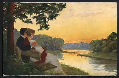 Künstler-AK Pärchen auf einer Parkbank am Ufer bei Sonnenuntergang, Dänische Kunst