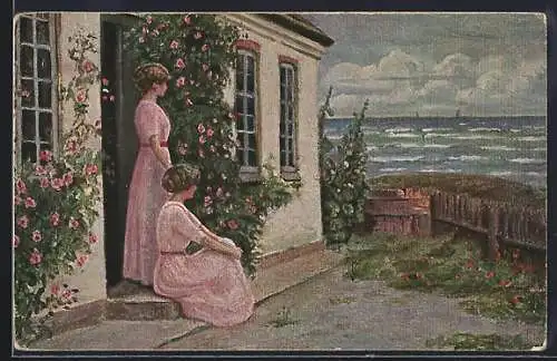 Künstler-AK sign. L. Moegelgaard: Rote Rosen, Mädchen und Brandung