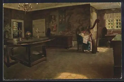 Künstler-AK sign. H.Slott-Moller: Harfenspiel, Dänische Kunst