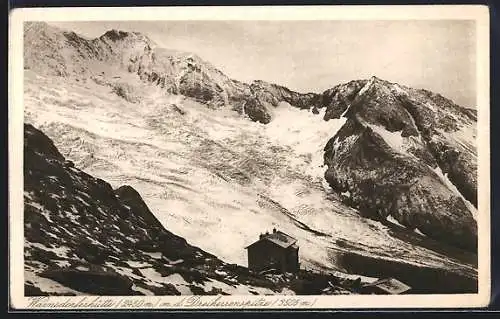 AK Warnsdorferhütte, Berghütte mit Dreiherrenspitze im Winter