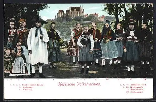 AK Männer und Frauen in hessischen Trachten u. a. aus Buchenau & Breitenbach
