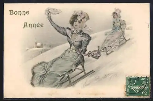 AK Zwei junge Frauen rodeln auf Schlitten einen Berg hinunter