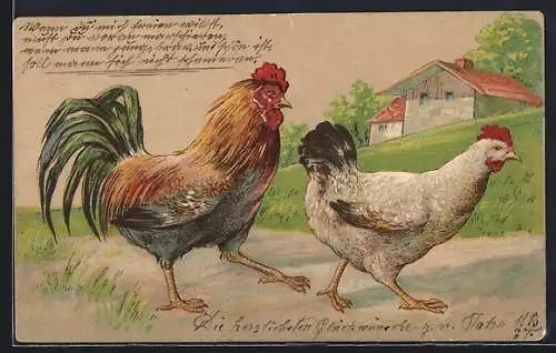 AK Hahn und Henne auf einem Feldweg