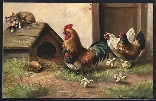 Künstler-AK August Müller - München: Hahn, Hennen, Küken und Hund
