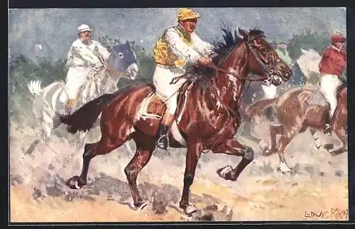 Künstler-AK Ludwig Koch: Jockeys auf ihren Reitpferden, Pferdesport