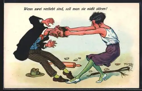 Künstler-AK Arthur Thiele: Erboste Frau zieht ihren Mann an den Haaren