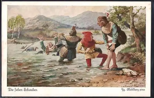 Künstler-AK Georg Mühlberg: Märchen Die sieben Schwaben, Sechs Schwaben waten ins Wasser und ertrinken