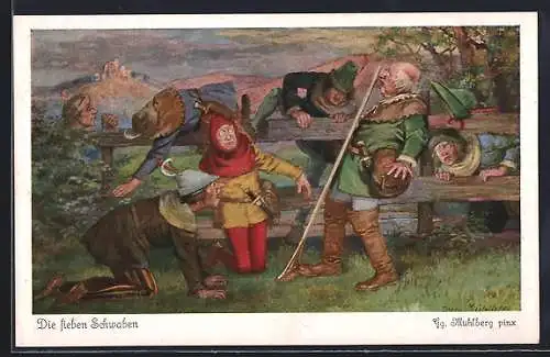 Künstler-AK Georg Mühlberg: Szene aus dem Märchen Die sieben Schwaben