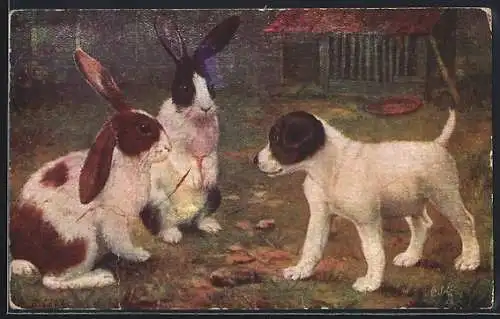 AK Kleiner Hund mit zwei Hasen vor seiner Hütte