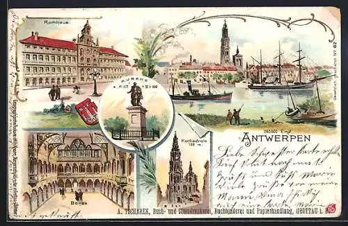 Lithographie Antwerpen, Hafenpartie, Rathaus, Börse & Kathedrale