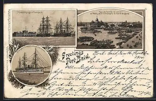 Lithographie Port Said, Eingang zum Suez Kanal und Palais de la Compagnie du Canal de Suez