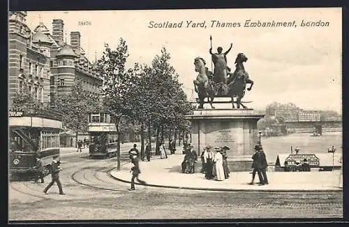 AK London, Scotland Yard, Thames Embankment, Strassenbahn