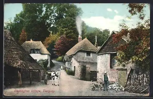 AK Torquay, Cockington Village - Strassenpartie mit reetgedeckten Häusern