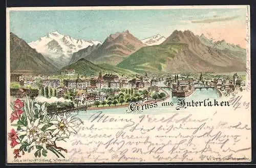 Lithographie Interlaken, Stadtansicht um 1900