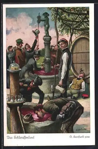 Künstler-AK Oskar Herrfurth: Das Schlaraffenland Nr.1, Brunnen voll mit Wein