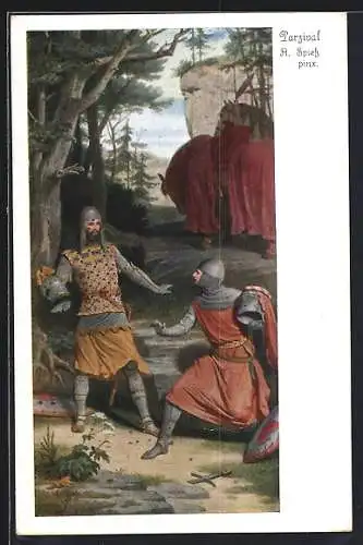 Künstler-AK sign. A. Spiess / F. Piloty: Parsival, Serie 253, Nr. 4451, Die Ritter geben sich zu erkennen