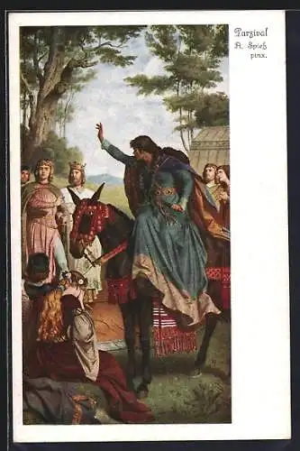 Künstler-AK A. Spiess / F. Piloty: Parsival, Abschied zu Pferde