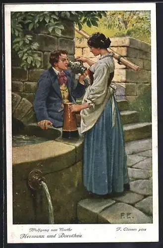 Künstler-AK sign. F. Elssner: Goethe, Hermann und Dorothea an einem Brunnen