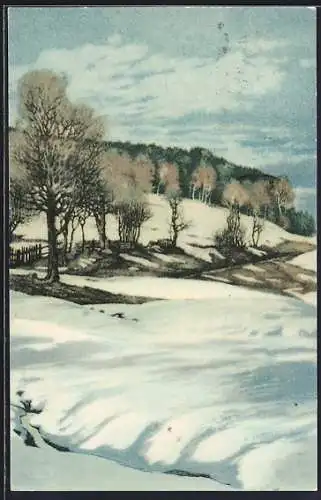 Künstler-AK Friedrich Iwan: Schneeschmelze, verschneite Landschaft