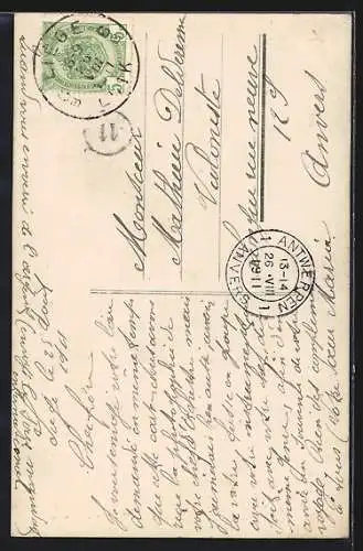 AK Liège, Dame mit Blumenstrauss in einem Flugzeug, Une Pensée