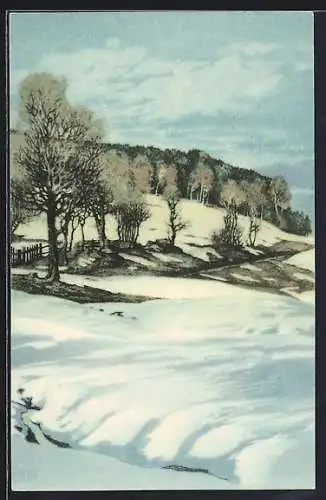 Künstler-AK Friedrich Iwan: Schneeschmelze, verschneite Landschaft