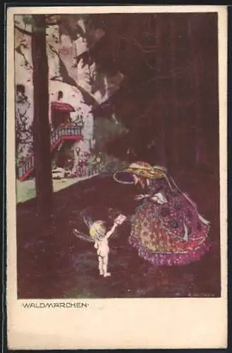 Künstler-AK Ernst Kutzer: Waldmärchen, Kleine Fee überreicht Frau im Kleid einen Brief