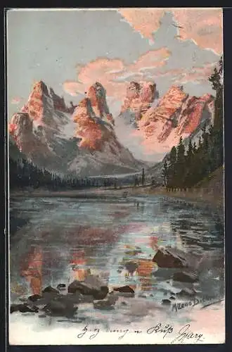 Künstler-AK Zeno Diemer: Bergsee und Gipfel im Abendrot